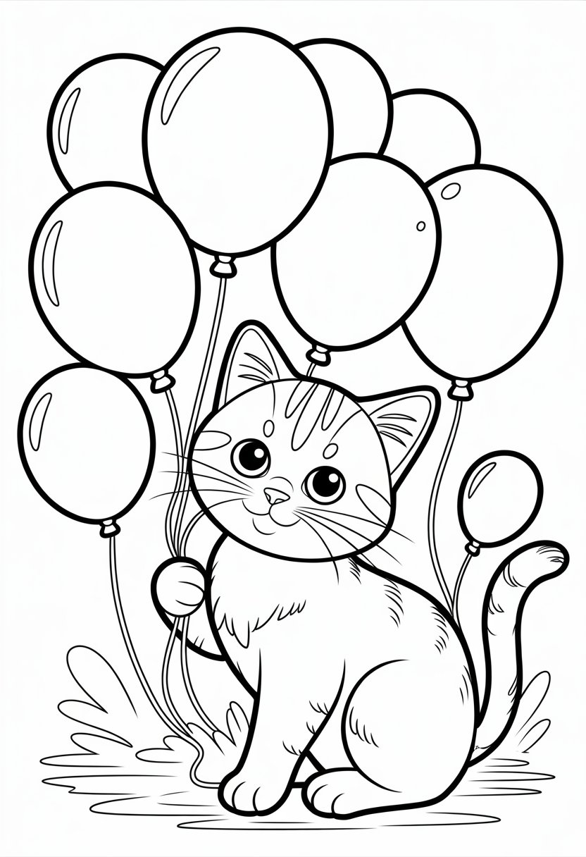 Printable Cute Cat Coloring Pages 20 Best Designs for All Ages 36 A cute cat sitting and playing with several balloons floating around it.